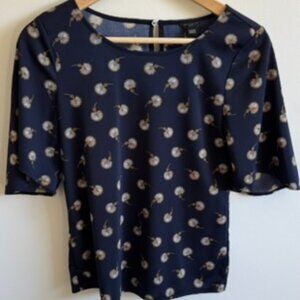 Ann Taylor Navy Floral Printed Blouse XXSP | Half Sleeve Lightweight Work Top